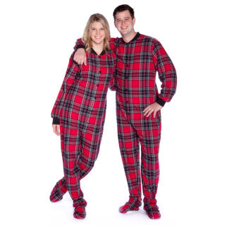 Adult Footed Onesie Pajamas Red Black Plaid Men & Women