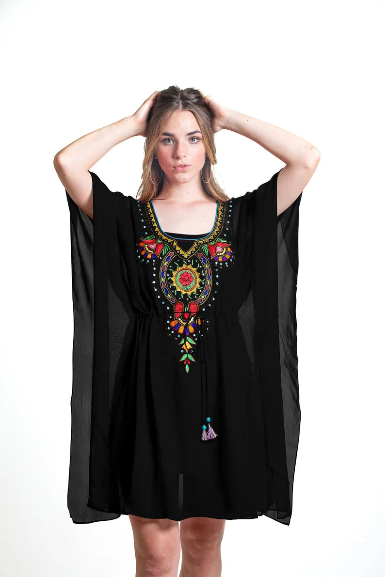 Mexican Dress, Black Kaftan, Embroidered Mexican Dress