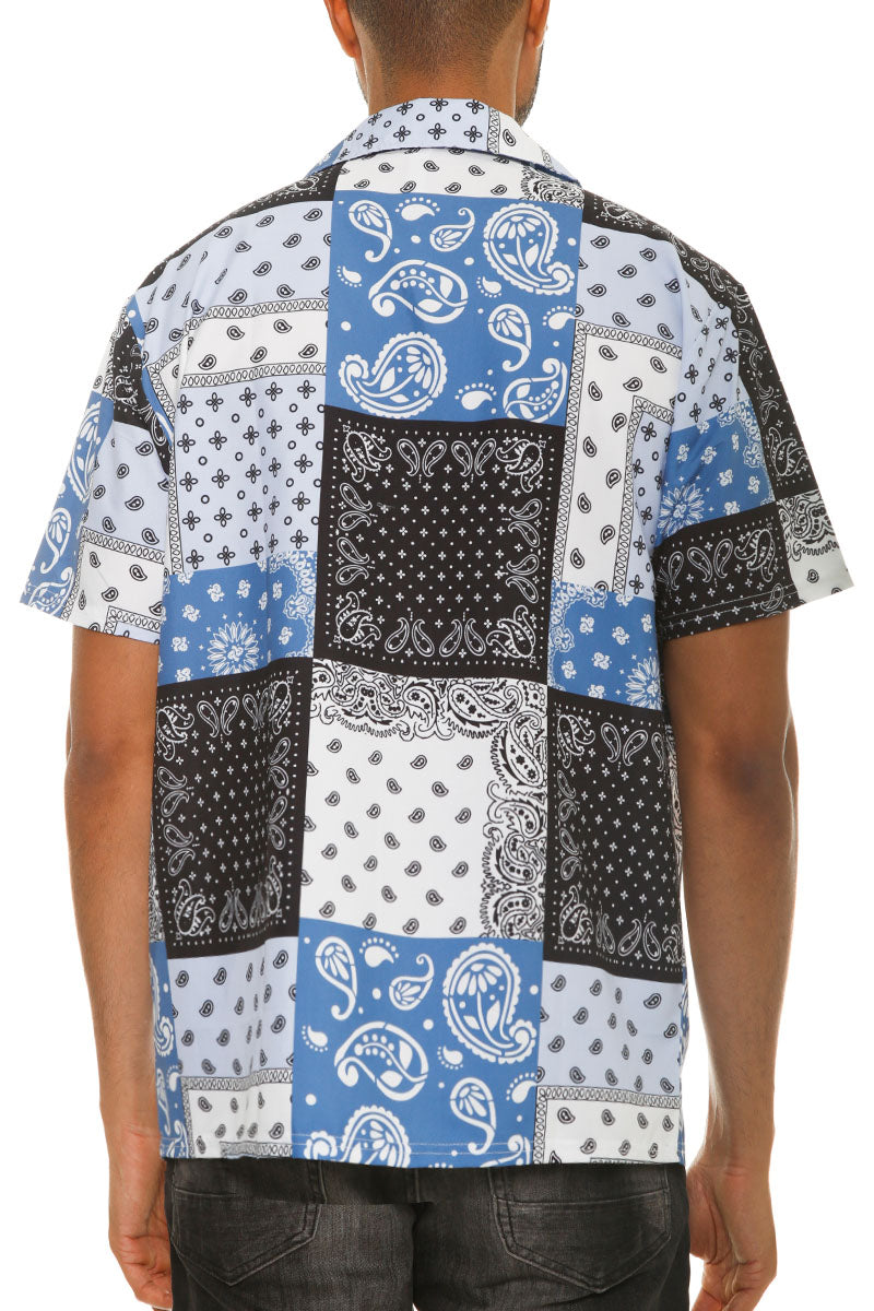 Men's Paisley Print Button-Down Shirt - Elegant Short Sleeve Polyester Top in White, Lavender, Black