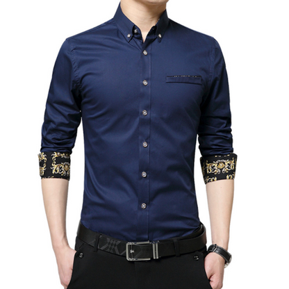 Elegant Golden Floral Accented Men's Long Sleeve Shirt - A Blend of Style & Comfort