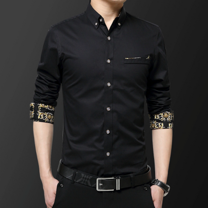 Elegant Golden Floral Accented Men's Long Sleeve Shirt - A Blend of Style & Comfort