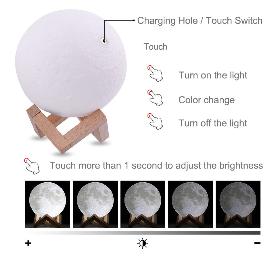 Touch Switch 3D Print Rechargeable Moon Lamp LED Night Light