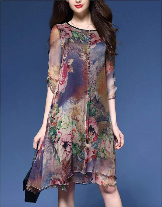 Summer Blossom: Women's Quarter Sleeve Floral Dress - Loose Fit Elegance