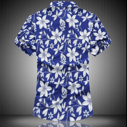 Breezy Blue Bloom: Men's Summer Floral Print Cotton Blend Short Sleeve Shirt
