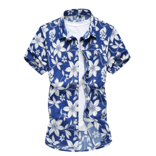Breezy Blue Bloom: Men's Summer Floral Print Cotton Blend Short Sleeve Shirt