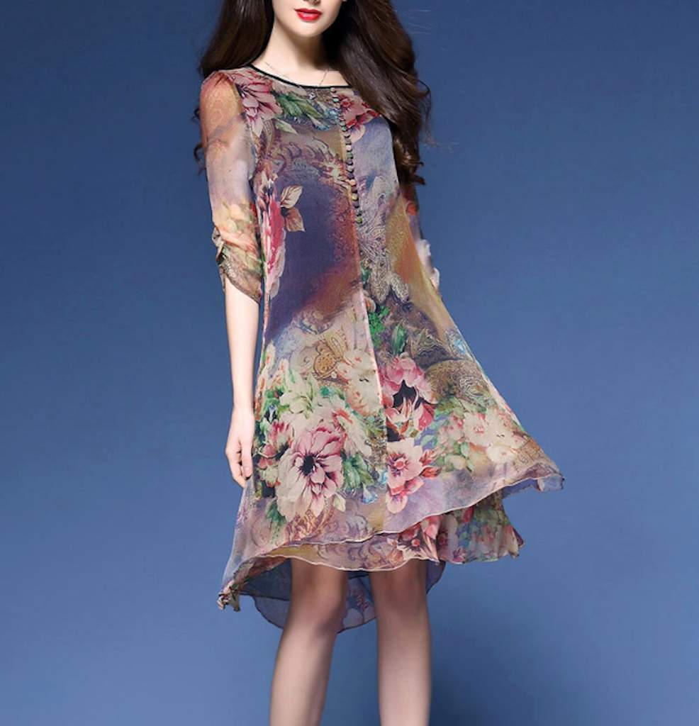 Summer Blossom: Women's Quarter Sleeve Floral Dress - Loose Fit Elegance
