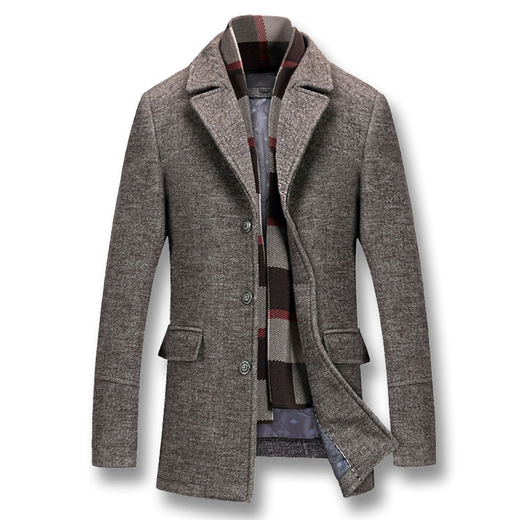 Men's Thick Urban Wool-Blend Winter Coat with Detachable Scarf
