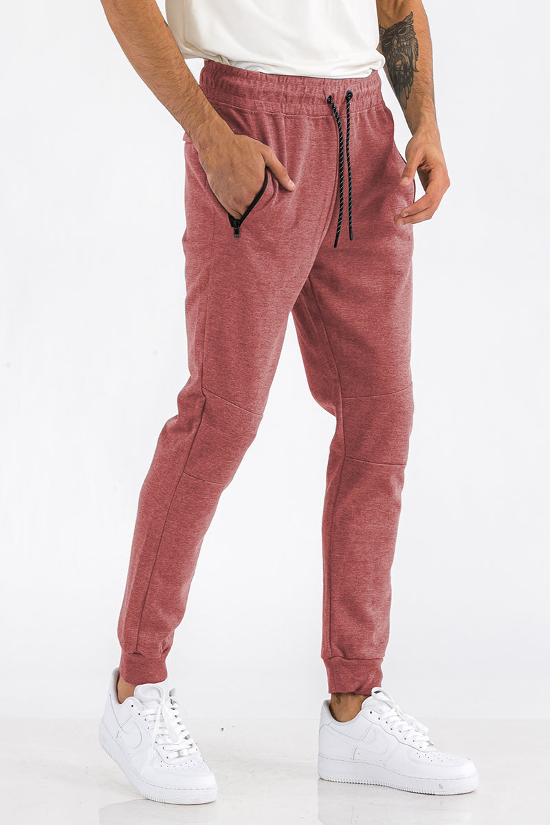 Crimson Comfort: Heathered Cotton Blend Sweatpants with Zipper Pockets