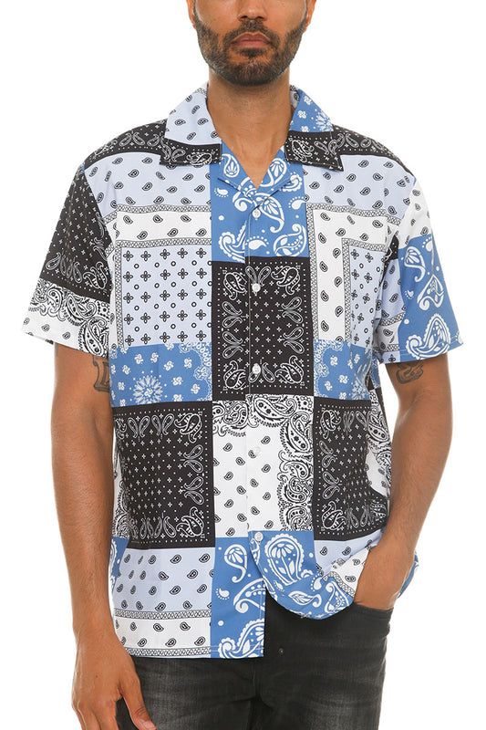 Men's Paisley Print Button-Down Shirt - Elegant Short Sleeve Polyester Top in White, Lavender, Black