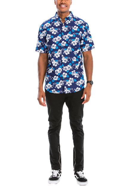 Aloha Spirit Men's Blue Hawaiian Button-Down Shirt with Unique Prints