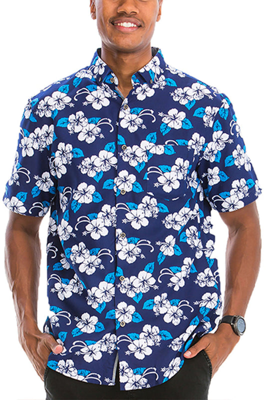 Aloha Spirit Men's Blue Hawaiian Button-Down Shirt with Unique Prints