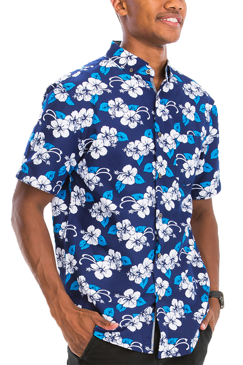 Aloha Spirit Men's Blue Hawaiian Button-Down Shirt with Unique Prints