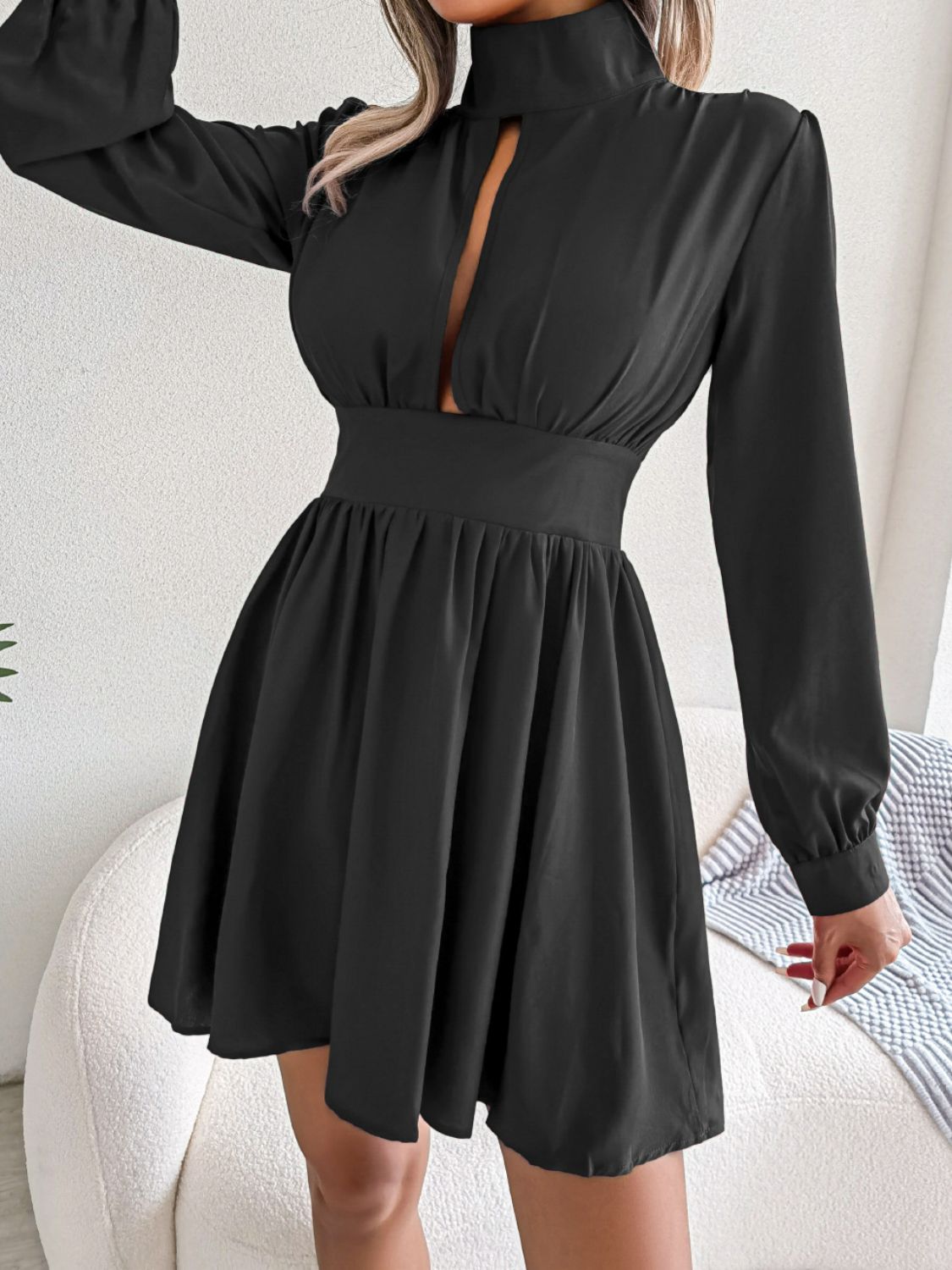 Chic Cutout Turtleneck Mini Dress - A-Line, Long Sleeve, Keyhole Neckline - Casual Elegance for Women