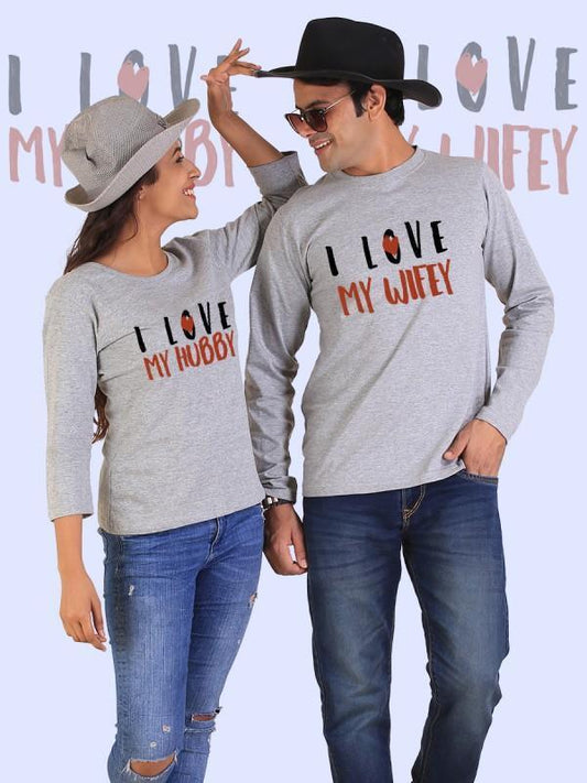 United Hearts 'Love My Hubby & Wifey' Full-Sleeve Couples Tee - Gray