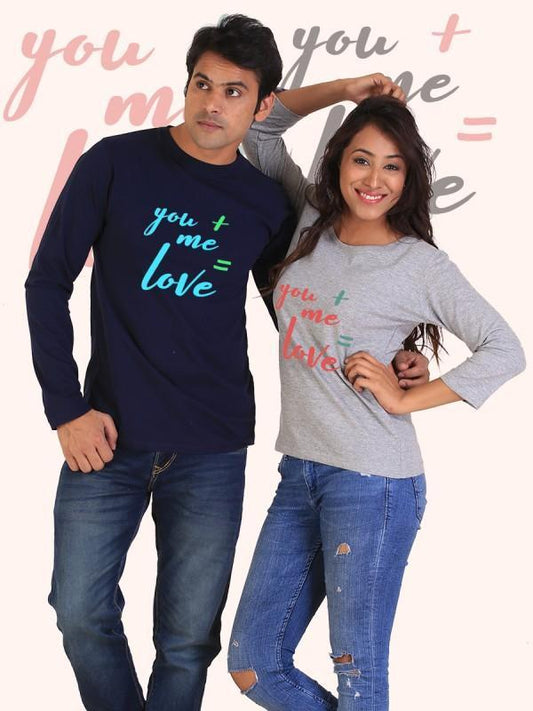 Loving Duo: 'You + Me = Love' Navy & Gray Full Sleeve Couples' Tees