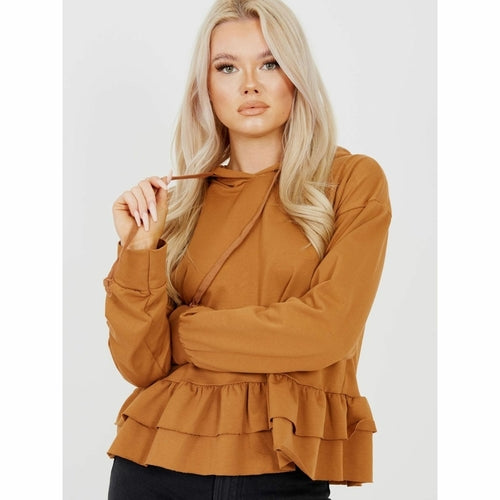 Camel Frill Hoodie - Chic Comfort, Layered Elegance