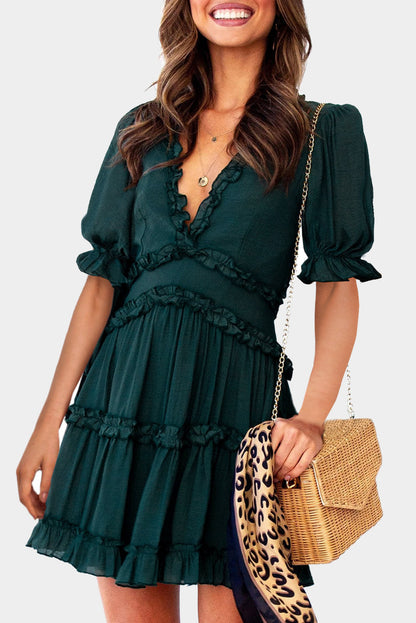 Emerald Elegance Ruffled V-Neck Swing Dress - Puff Sleeve & Back Cut-Out Detail