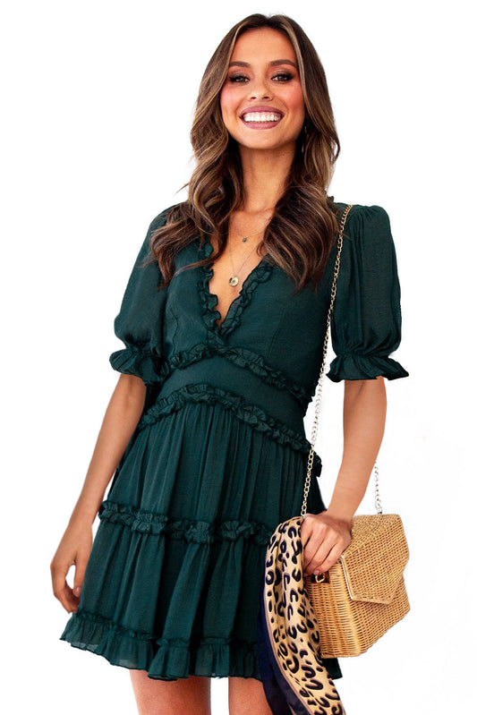 Emerald Elegance Ruffled V-Neck Swing Dress - Puff Sleeve & Back Cut-Out Detail