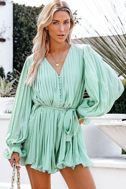 Chic Green Pleated V-Neck Romper with Ruffle & Tie Waist Detail