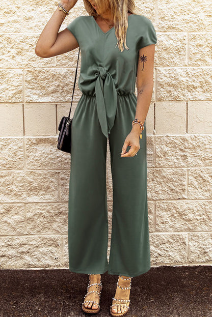 Elegant Green V-Neck Knotted Tunic Jumpsuit with Wide Leg Design