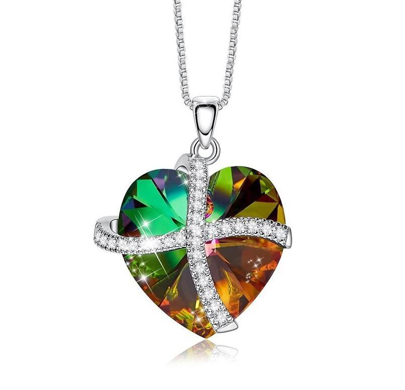 Crystals Rainbow Pave Heart Ribbon Necklace