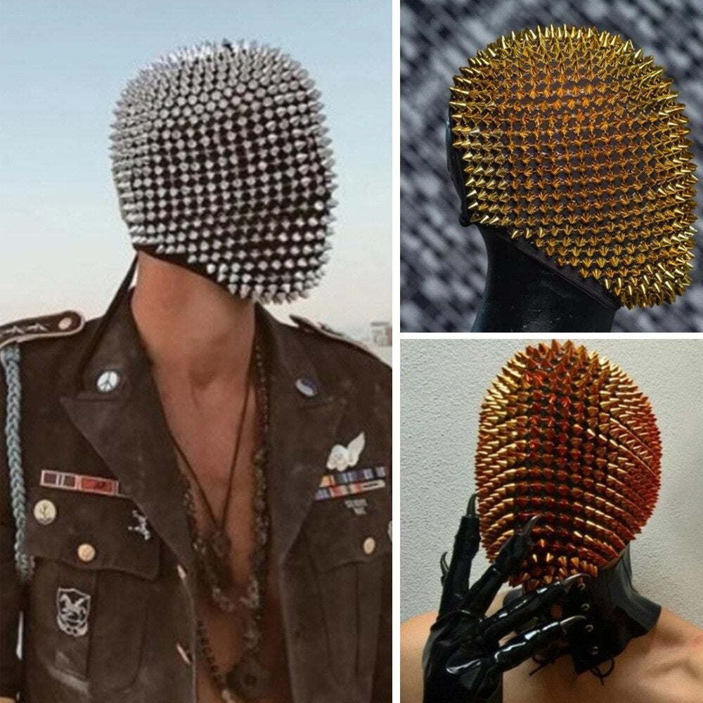 Golden Full Mask | Party Cosplay Helmet | Nightclub Rivet Headgear GOLD/SILVER Latex Mask