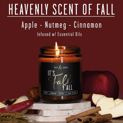 Soy Wax Candle: Apple Cinnamon & Nutmeg I Infused with Essential Oils I 'It's Fall Yall' Text | Cozy Cute Fall Décor Fall Gifts I 9Oz Jar I 50Hr Burn I Made in USA