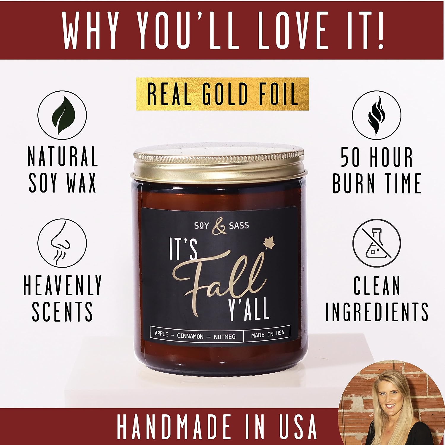 Soy Wax Candle: Apple Cinnamon & Nutmeg I Infused with Essential Oils I 'It's Fall Yall' Text | Cozy Cute Fall Décor Fall Gifts I 9Oz Jar I 50Hr Burn I Made in USA
