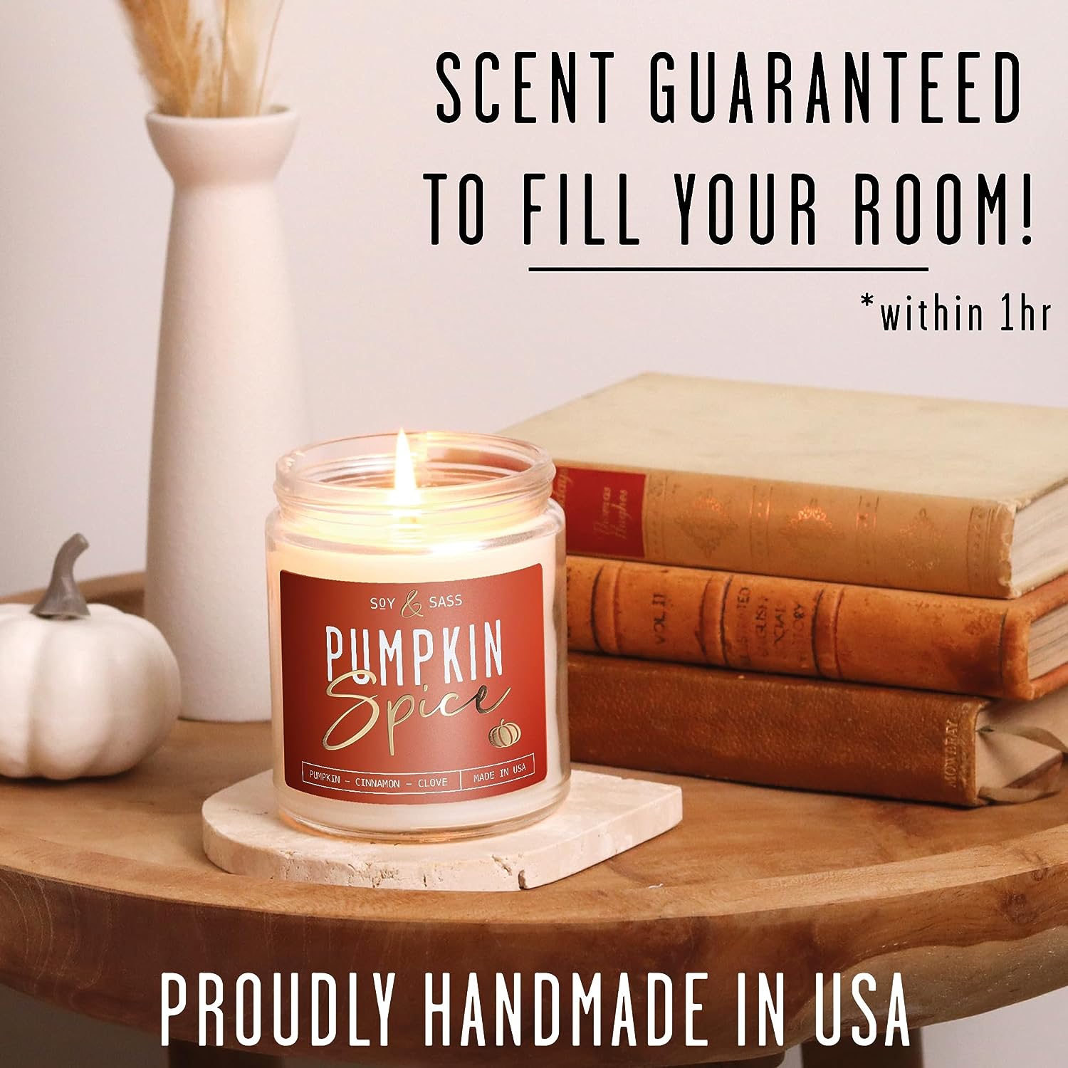 Soy Wax Candles: Pumpkin Spice I Infused with Essential Oils I Fall Candle Decor, Fall Scented Candle I 9Oz Reusable Jar I 50 Hour Burn I Made in USA