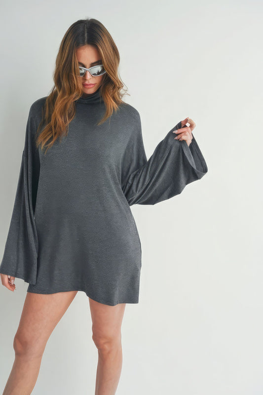 Chic Charcoal Bell Sleeve Turtle Neck Dress – A Blend of Elegance and Comfort