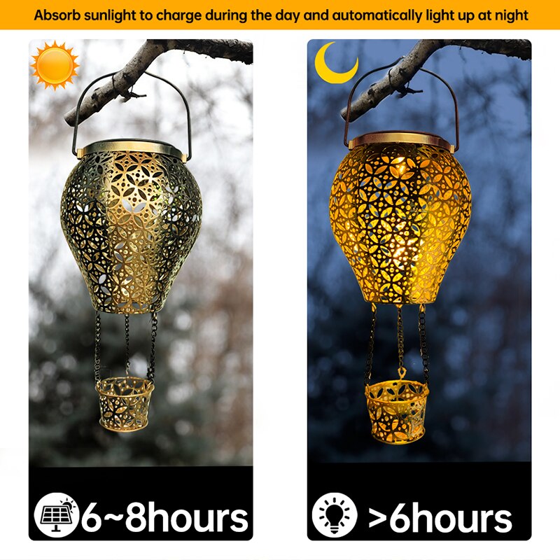 Hot Air Balloon Themed Outdoor Solar Lantern | Waterproof Metal Hanging Solar LED Light Decor
