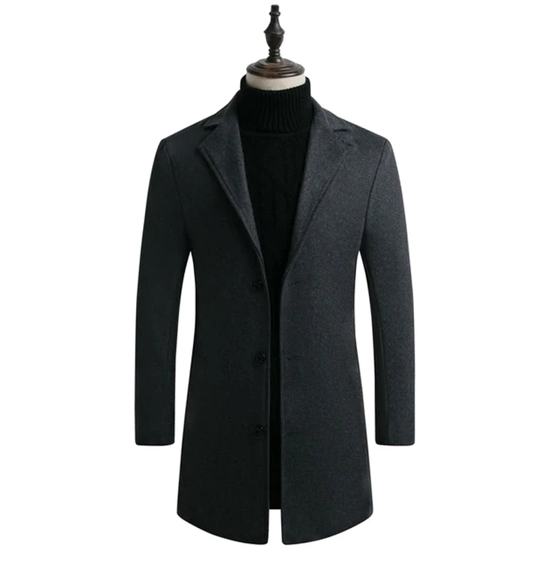 Men's Spring & Autumn Wool Blend Long Coat: Refined for Business Elegance, Tailored for Sophisticated Style and Professional Appeal